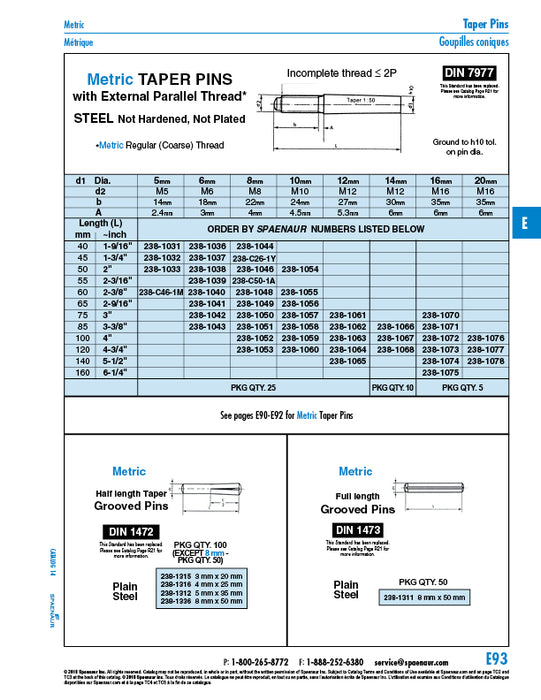 Taper Pin W/External Thread & Constant Thread Length 8mm x 65mm O/A Steel Ground DIN 7977/ST 8X65