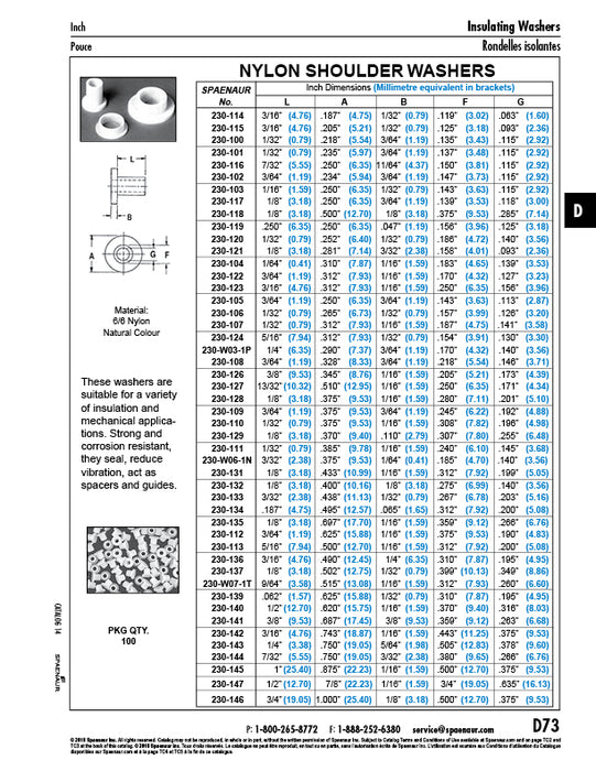 Shoulder Washer 7/32" LG x .750" Head OD x .266" ID Nylon 6/6 Natural by Spaenaur Inc.