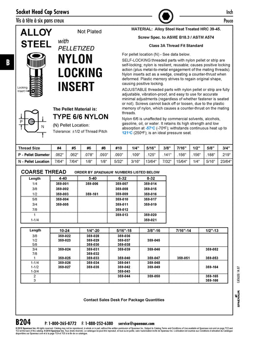Hex Socket Cap Screw with Pelletized Nylon Insert 1/4-20 UNC x 7/8" Alloy Steel/Nylon Insert Not Plated ANSI 18.3-1986