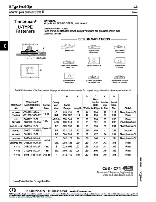 "U" Type Spring Nut, "Dh" Design, #10-32 UNF (.025-.062" Panel Range) x .66 LG x .44 Wd Spring Steel Heat Treated Phosphate & Oil