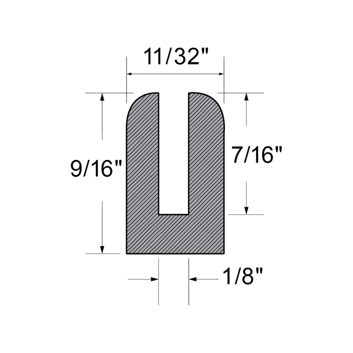 Extrusion en forme de « U » 9/16 po O/A HT x 11/32 po Base, pour verre de 1/8 po, en bobine de 50 pi, composé SBR noir, dureté 65-75 D, par Spaenaur Inc.