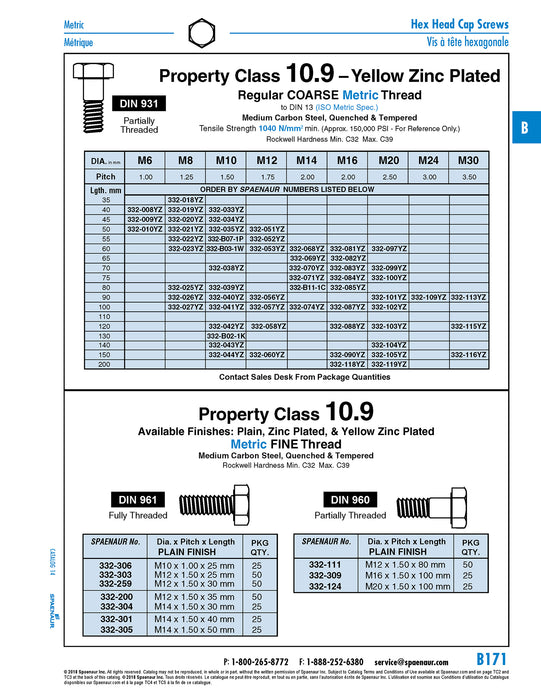 Hex Head Cap Screw DIN 931, M20 x 90mm Partial Thread Class 10.9 Steel Yellow Zinc DIN 931/10.9-YZ M20X90