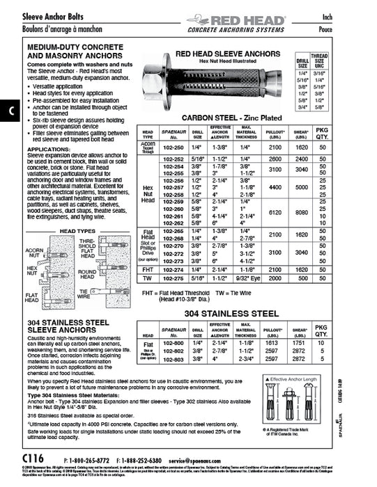 Hex Head Sleeve Anchor, Red Head®, 3/8" x 1-7/8" Effective Length, Carbon Steel, Zinc Plated
