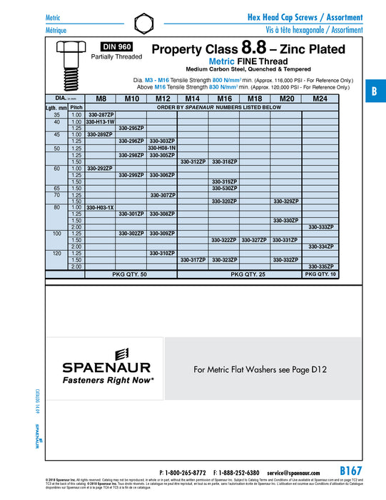 Hex Head Cap Screw, DIN 960 M12 x 1.25 x 50mm LG, Partial THRD CL 8.8 Steel Trivalent Zinc Plated DIN 960/8.8