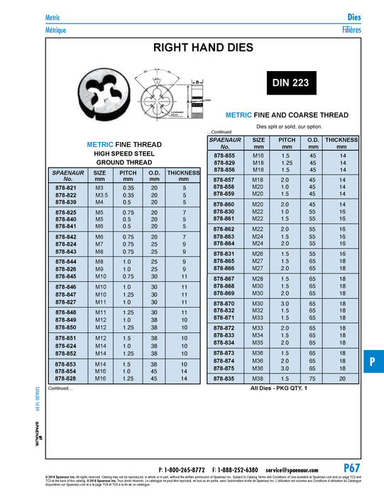 Round Die, DIN 223 M33 x 2.0 Fine (65mm OD x 18mm TH) Hss, Ground Thread DIN 223/HSS/Fine M33X2