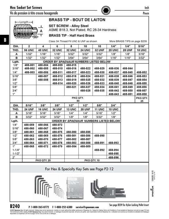 Vis à six pans creux avec pointe en laiton 5/16 po - 24 UNF x 5/16 po Acier allié non plaqué
