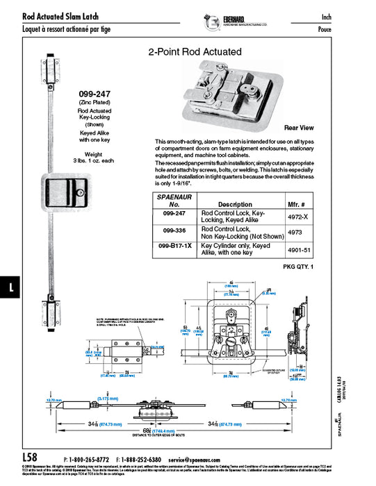 Slam Latch, Paddle Handle, 2-Point Rod-Actuated, Flush-Mounted, Key Locking, Keyed Alike 5 1/2" LGTH x 4 1/2" Width Of Receptacle Steel Zinc Plated by Spaenaur Inc.