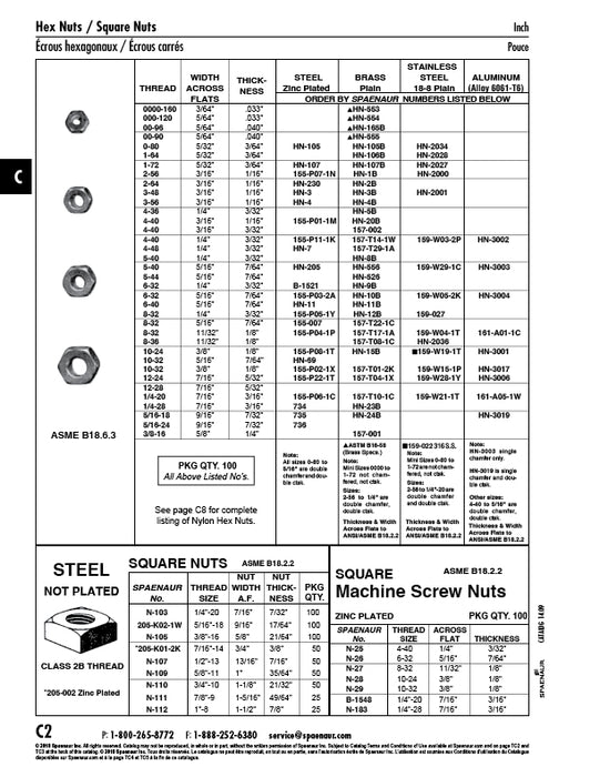 Hex Machine Screw Nut #10-32 UNF (3/8" A/F x 1/8" THK) Aluminum (Alloy 2024) Plain Finish ANSI B18.6.3-1986 by Spaenaur Inc.