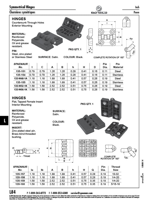 Charnière en plastique, montage extérieur à trous traversants 2,52 po x 2,52 po x 0,51 po Matériau thermoplastique, tige en acier inoxydable noir par Spaenaur Inc.