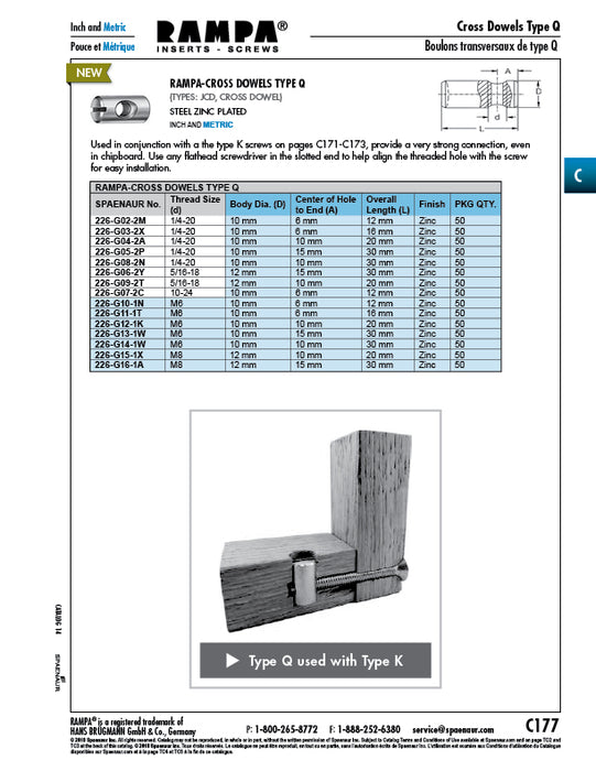 Rampa Cross Dowels Type Q, Slotted 10mm DIAm x 16mm LGTH 1/4-20 UNC Internal Thread Steel Zinc Plated