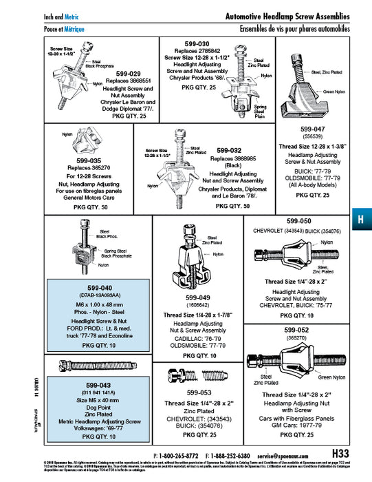 Vis et écrou de phare, DIPlomat et Le Baron '78, référence 3868985 (noir). Vis n° 12-28 UNF x 1 1/2", en acier zingué et nylon, fabriquée par Spaenaur Inc.
