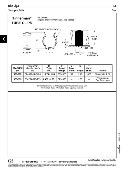 Pince pour tube 1,468/1,531 po de diamètre extérieur en acier à ressort, phosphate et 2 couches de finition Dacromet au zinc à base d'eau