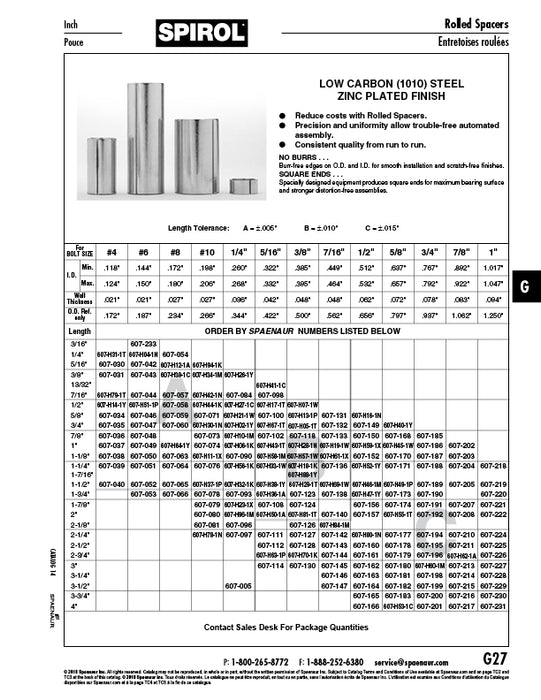 Spacer, Buttite Rolled for #8 Bolt, 1-1/4"LG,.027" Wall TH Low Carbon (1010) Steel Zinc Pl by Spaenaur Inc.