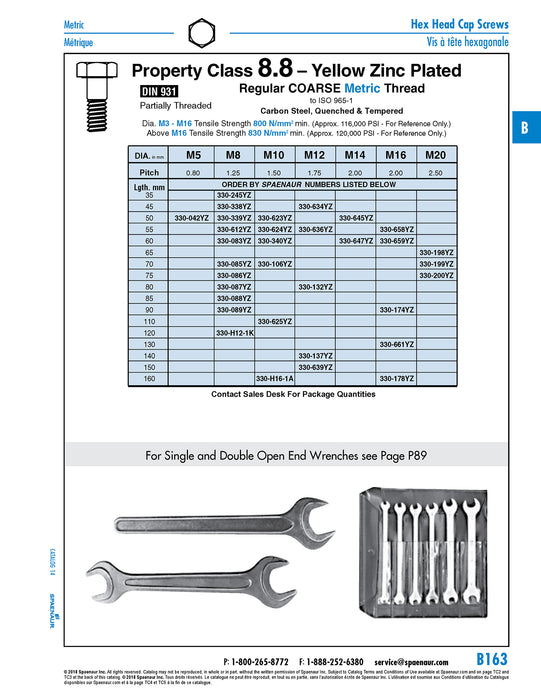 Hex Head Cap Screw DIN 931, M8 x 1.25 x 120mm LG, Partial Thread Class 8.8 Steel Yellow Zinc Plated DIN 931/8.8-YZ M8X120