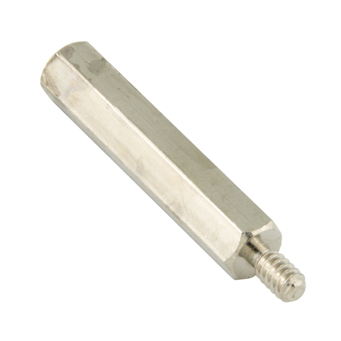 Hex Spacer, Male/Female Threaded, Hole Depth 7/16",Stud LGTH 3/8" Threaded #8-32 UNC, 2" LGTH, 1/4" A.F., Brass, Nickel Plated