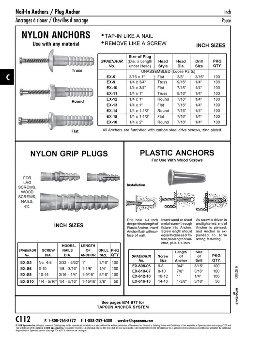 Tête d'ancrage en nylon non assemblée avec vis d'entraînement 1/4"X 3/4", diamètre de tête 9/16", taille de perçage 1/4" Nylon