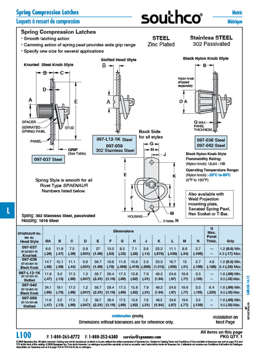 Spring Latch, Medium Size, Slotted Head, Rivet Mounting, .060"-.380" Grip Range Stainless Steel Passivated by Spaenaur Inc.