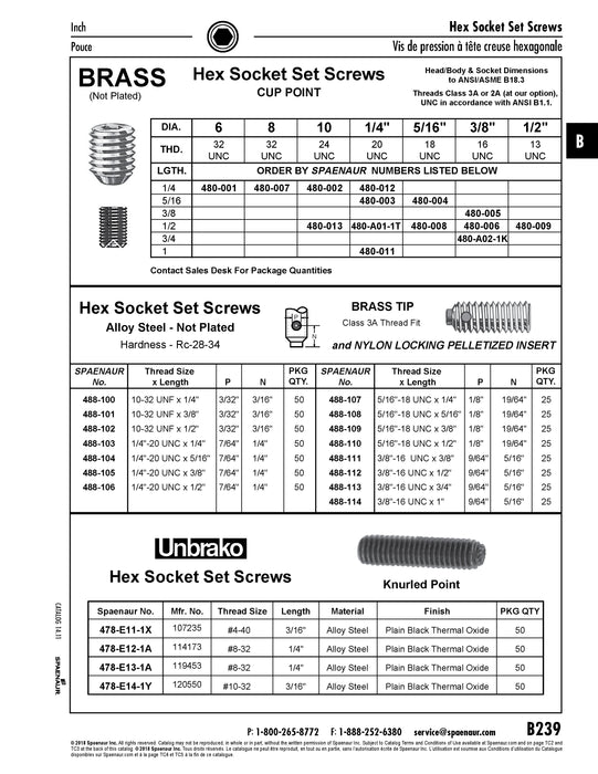 Hex Socket Set Screw with Brass Tip & Nylon Pellet Insert 5/16"-18 UNC x 1/4" LONG Alloy Steel