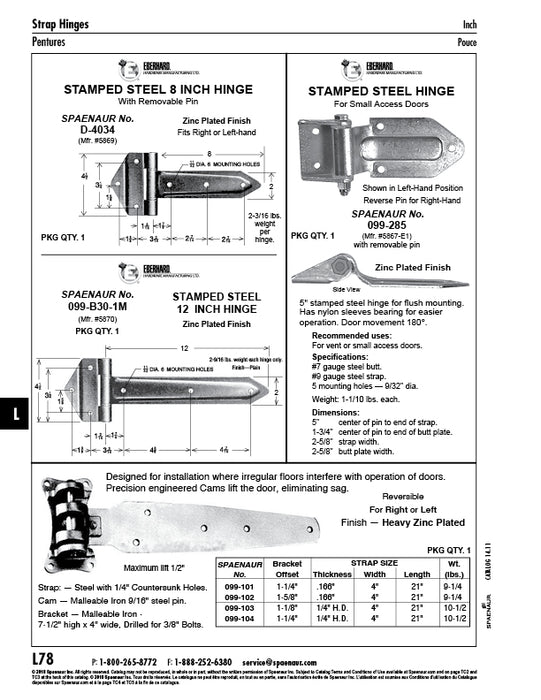Cam Lift Hinge, Offset Bracket .166" TH x 4"W x 21" Strap, 1 5/8 Offset Malleable Iron, Heavy Zinc Plated by Spaenaur Inc.