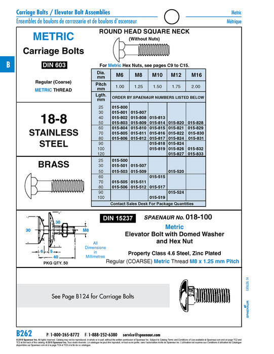 Carriage Bolt Square Neck DIN 603 M8 x 1.25 x 40mm LG A2 Stainless Steel DIN 603/A2 M8X40