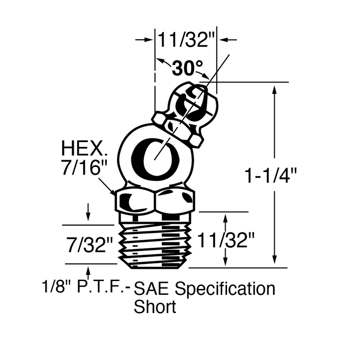 30 Degrees GRease Fitting 1/8"P.T.F. Short 7/16"Hex 1 1/4"O/A HT Stainless Steel by Spaenaur Inc.