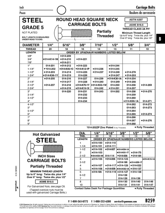Boulon à tête bombée à collet carré HD 5/16 po-18 UNC x 7/8 po LG, filetage complet, acier de grade 5, finition lisse, ANSI B18.5-1978
