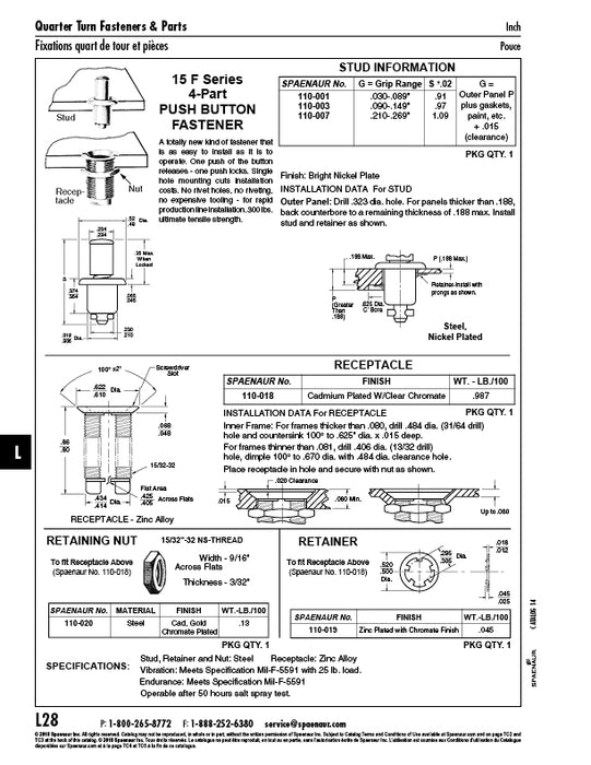 Receptacle for Push Button Fastener 15/32"-32 Ns Thread Zinc Alloy, Cad Plt W/ Chromate Fin. by Spaenaur Inc.