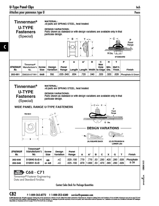 Écrou à ressort de type « U » pour SMS n° 8A ou B, panneau 0,025-0,150 po, acier à ressort traité thermiquement, phosphaté et huilé par Tinnerman®.
