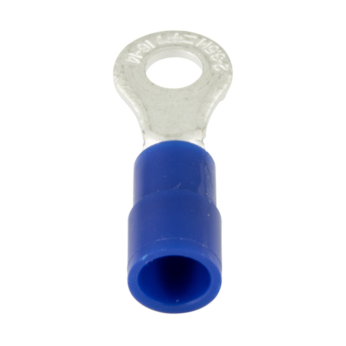 Ring tongue Terminal, Insulated, Solderless 16-14 Wire, 3/8" Stud Pure Electrolytic Copper, Blue Plastic Insulator, Heavy Bright Tin Plating