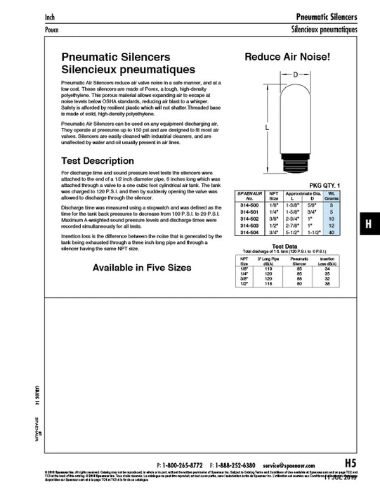 Pneumatic Silencers 1/8" NPT High Density Polyethylene Natural