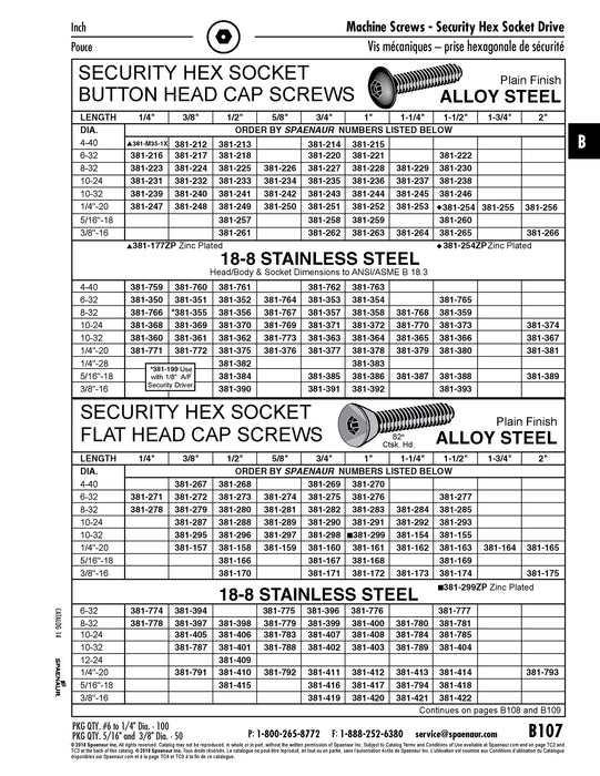 Security Screw, Flat Head Security Hex Socket Drive, 1/4"-20 UNC x 3/8" Length, Steel Plain