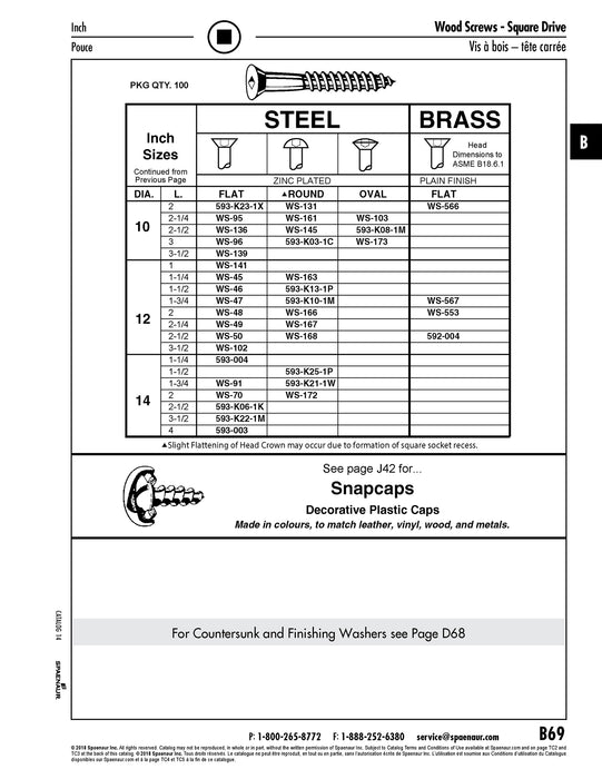 Wood Screw, Flat Head, Square Socket, #12 x 2" Length, Brass, ASME/ANSI B18.6.1
