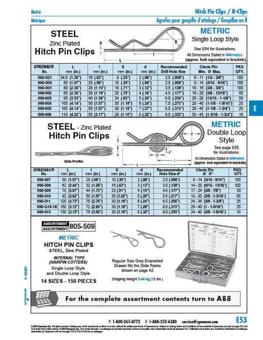 Hitch Pin Clip, 2mm Wire DIA x 50mm LGTH Center Eye to End Steel Tempered Bright Zinc Plated by Spaenaur Inc.