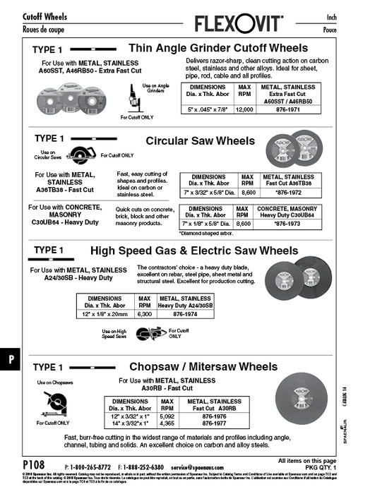 Abrasive Cutoff Wheel High Performance Fast Cut A30Rb 14" DIA x 3/32" x 1" by Spaenaur Inc.