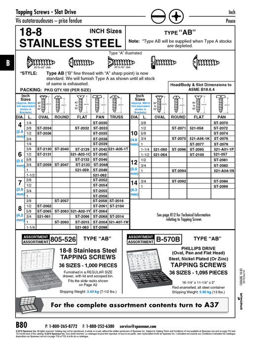 Tapping Screw, Flat Head Slotted Drive, Type AB, #8 x 3/4" Length, Stainless Steel