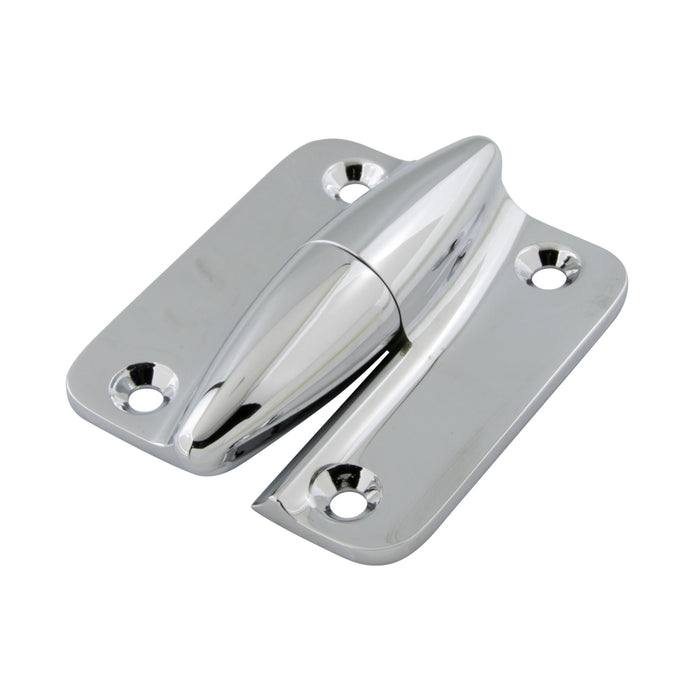 Charnière « Block » pour portes décalées, grande taille (longueur totale 100 mm), trous taraudés M8 x 13 mm (2 moitiés, moitié inférieure avec goupille fixe), finition chrome en zinc moulé sous pression par Spaenaur Inc.
