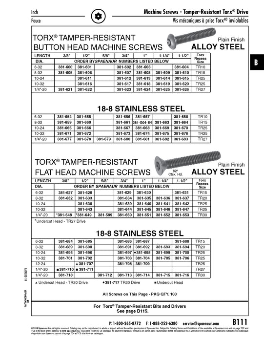 Security Screw, Undercut Head Torx TR27 Drive, 1/4"-20 UNC x 1/2" Length, Steel Plain