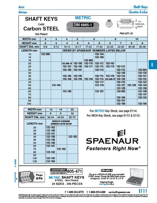 Shaft Key 10mm W. x 8mm H. x 50mm Length C45K Carb Steel Plain DIN 6885A/ST by Spaenaur Inc.