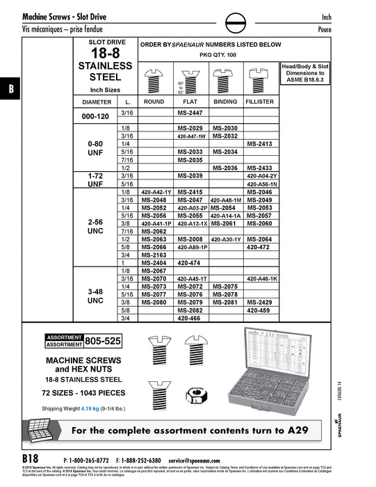 Machine Screw Round Slot Head #3-48 UNC x 3/8" 18-8 Stainless Steel ANSI B18.6.3-1972