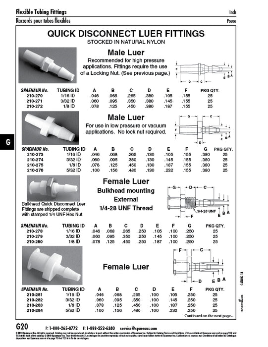 Quick Disconnect Female Luer for 5/32" Tubing ID Nylon