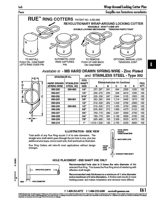 Anneau à goupille fendue, tige 1/4 po x fil 0,054 po, fil à ressort en acier trempé MB, zingué