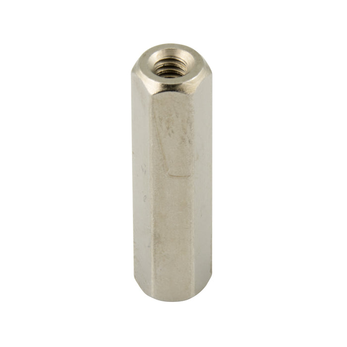 Spacer, Hexagon, Tapped, Seamless Machined From Brass Rod Threaded #6-32 UNC, 3/8"LG, 1/4"A/F Brass, Nickel Plated by Spaenaur Inc.