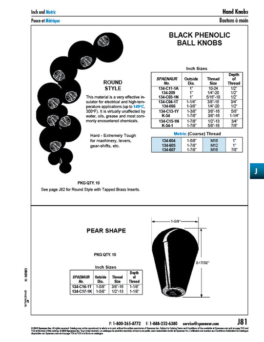 Ball Knob, with Brass Insert 1 5/8" O.D., M12 x 1.75 x 7/8" Deep Black by Spaenaur Inc.