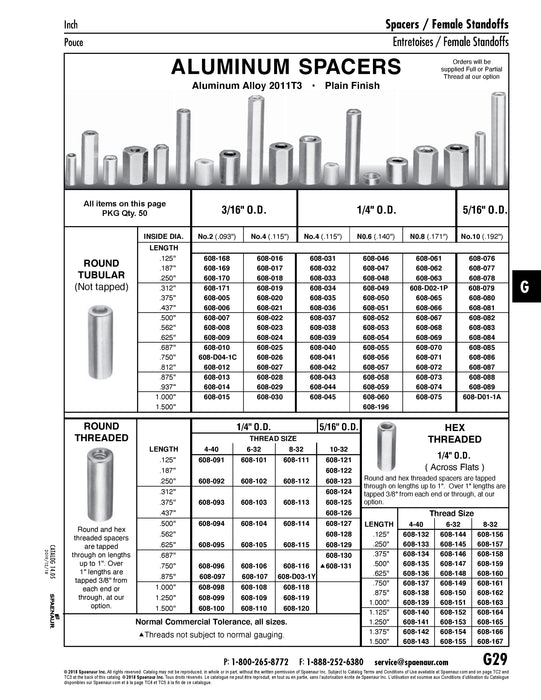 Spacer, Round, Tubular, Not Tapped #4(.115")ID x 3/16" OD x .312" LGTH Aluminum Alloy 2011T3 Plain