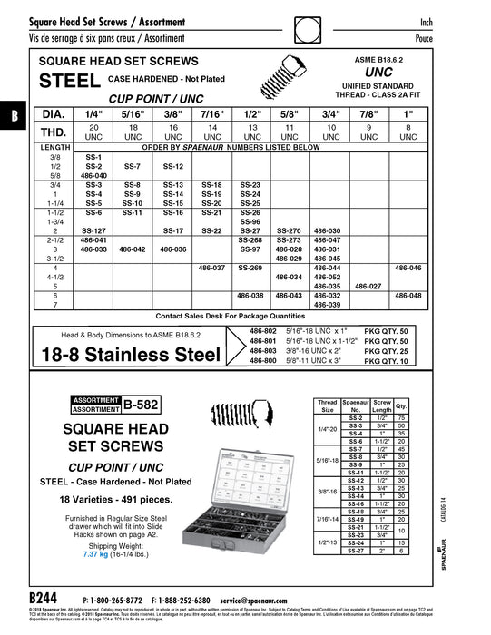 Square Head Set Screw, Cup Point 1/4"-20 UNC x 1/2" LONG Steel, Case Hardened Plain Finish ANSI B18.6.2