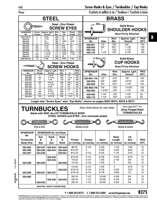 Turnbuckle, Hook & Eye #12-24 Thread (.185" Material DIA), 6-3/8" Open LGTH, 4-1/2" Closed LGTH, 1-7/8" Take-Up Steel Zinc Plated by Spaenaur Inc.