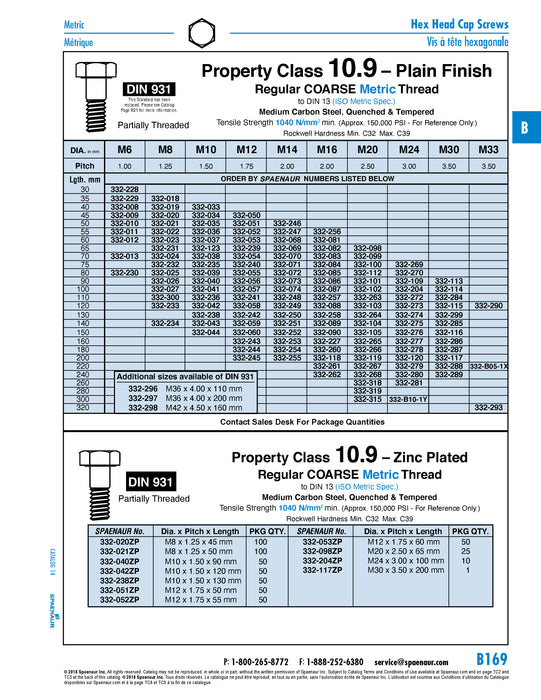 Hex Head Cap Screw DIN 931 M8 x 1.25 x 75mm Partial Thread Class 10.9 Steel Plain Finish DIN 931/10.9 M8X75