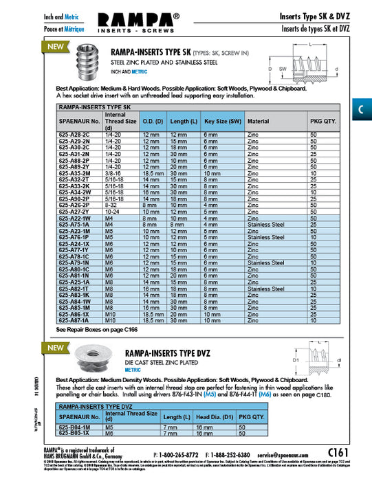 Rampa Inserts Type Sk with Hex Socket Drive 18.5mm OD x 20mm LGTH M10 Inside Thread Steel Zinc Plated