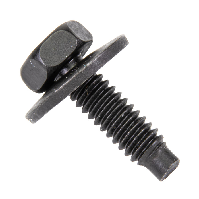 Sems Indented Hex Hd Machine Screw, With 3/4" OD Flat Washer, Dog Point, 1/4"-20 UNC X 15/16", Low Carbon Steel Black Phosphate, And Oil by Spaenaur Inc.