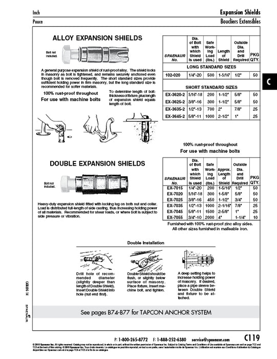 Single Expansion Shield, Ribbed, Alloy Zinc Plated, 3/8"-16 x 1-1/2" Short Standard